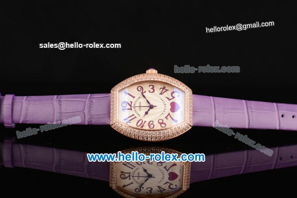 Franck Muller Heart Swiss Quartz Rose Gold Case with Purple Leather Strap Diamond Bezel and White Dial - ETA Coating - Click Image to Close